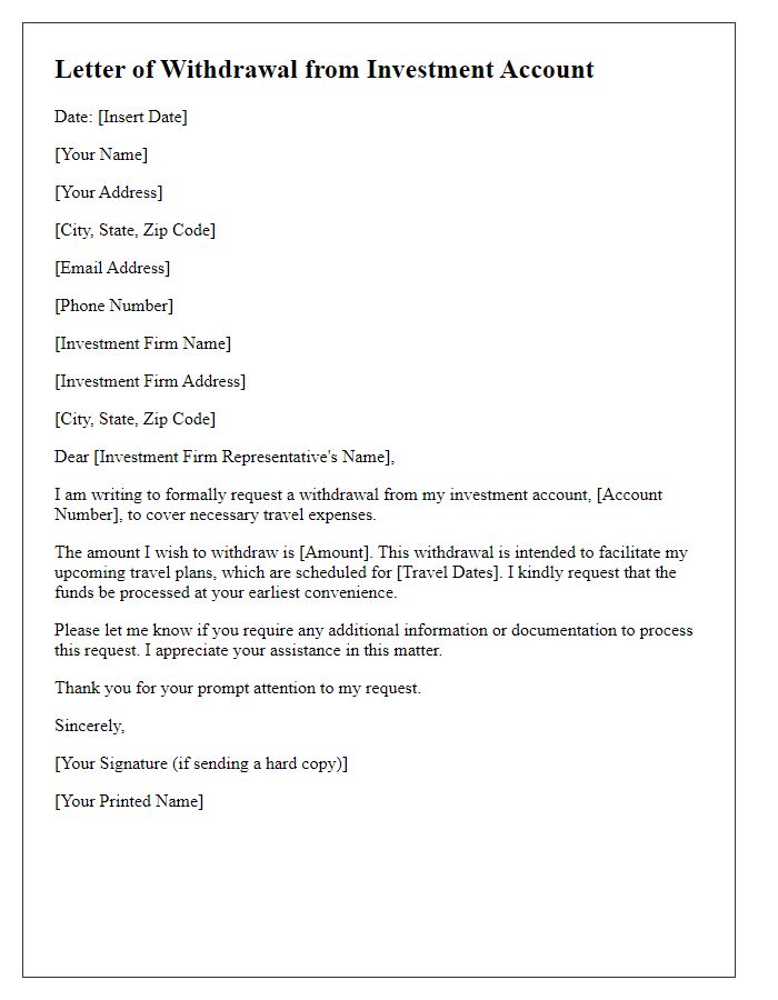 Letter template of investment account withdrawal for travel expenses