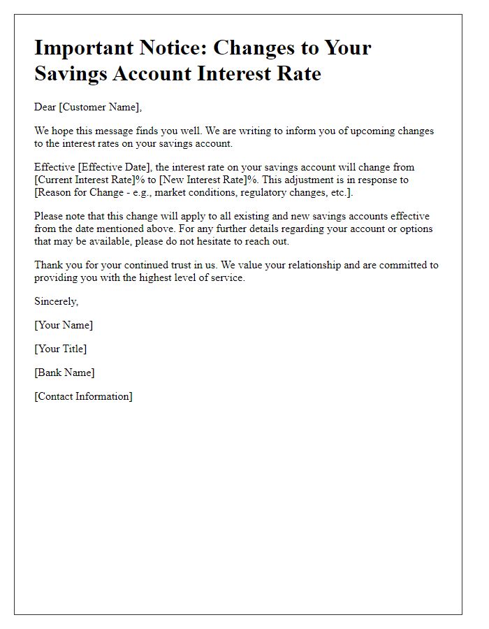 Letter template of changes to savings account interest rate details