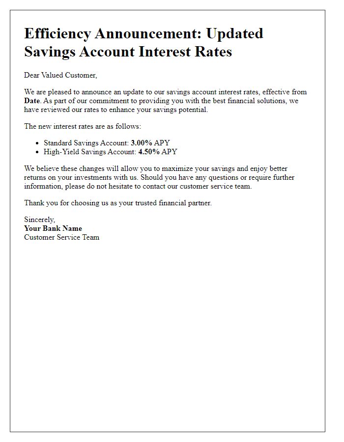 Letter template of efficiency announcement regarding savings account interest rates