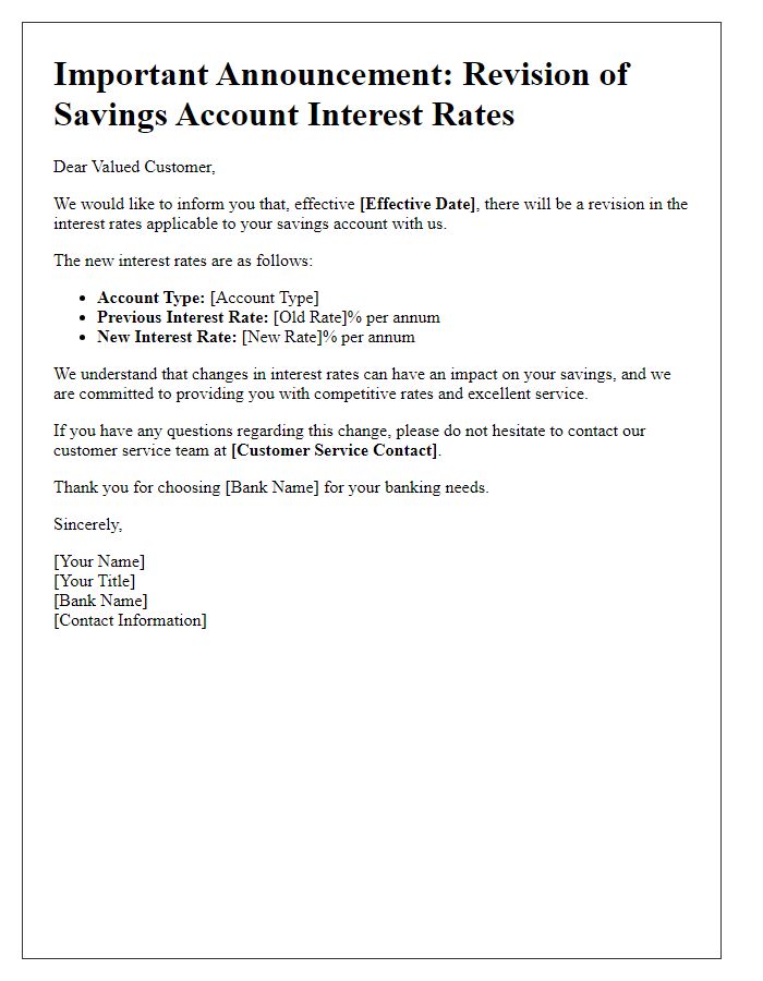 Letter template of savings account interest rate revision announcement