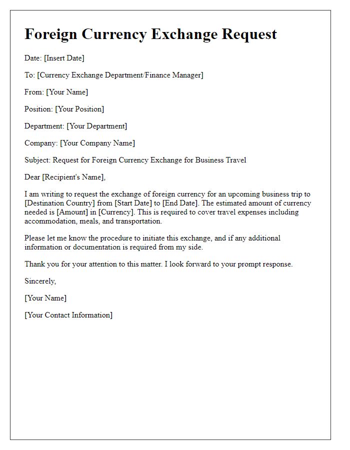 Letter template of foreign currency exchange request for business travel.