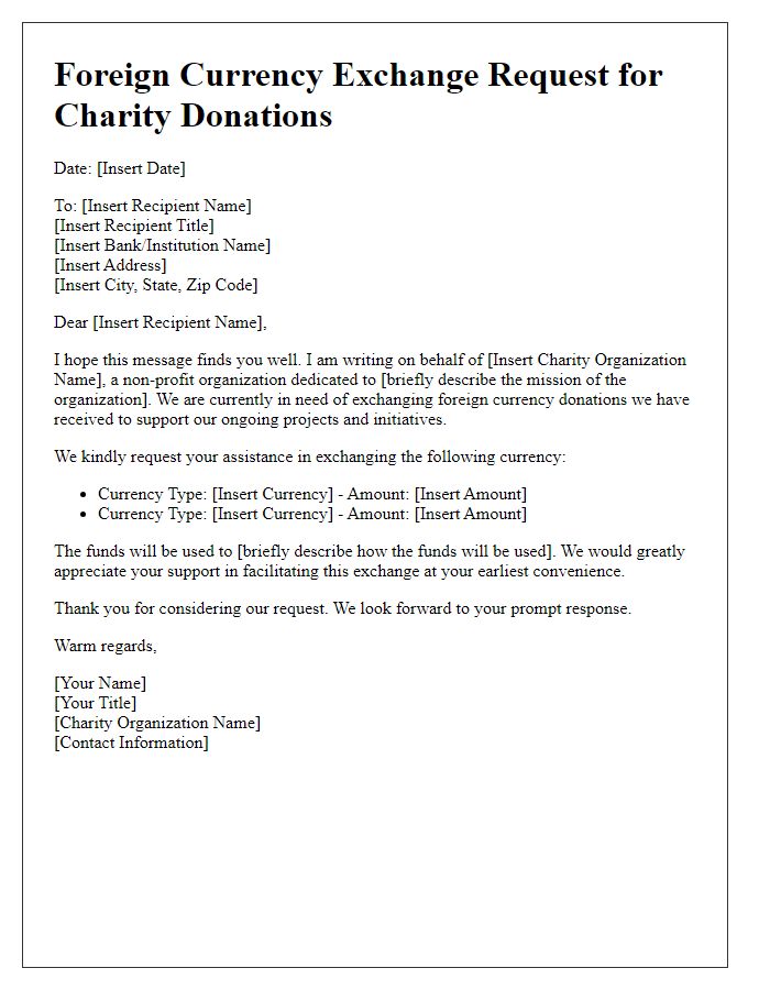 Letter template of foreign currency exchange request for charity donations.