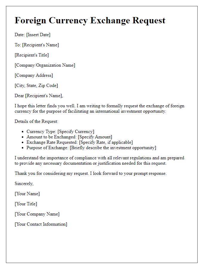 Letter template of foreign currency exchange request for international investment.