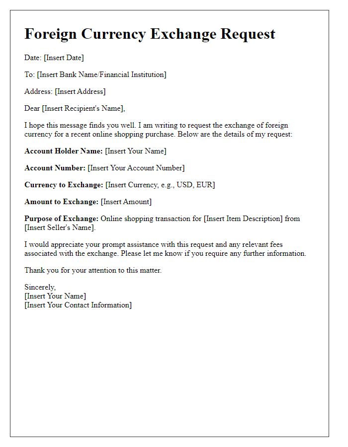 Letter template of foreign currency exchange request for online shopping.