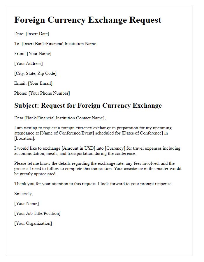 Letter template of foreign currency exchange request for overseas conference attendance.