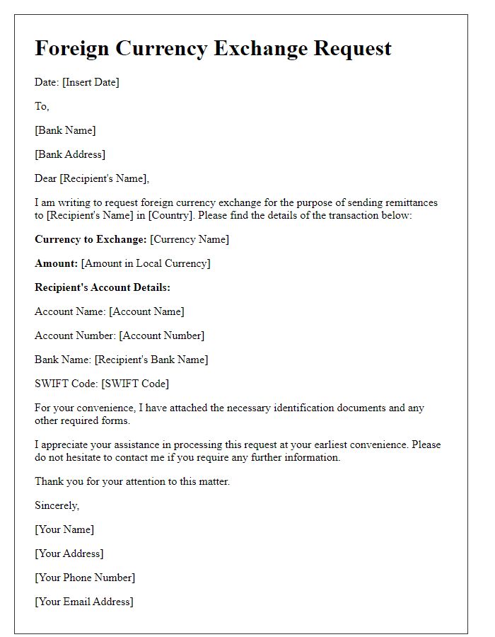 Letter template of foreign currency exchange request for sending remittances.