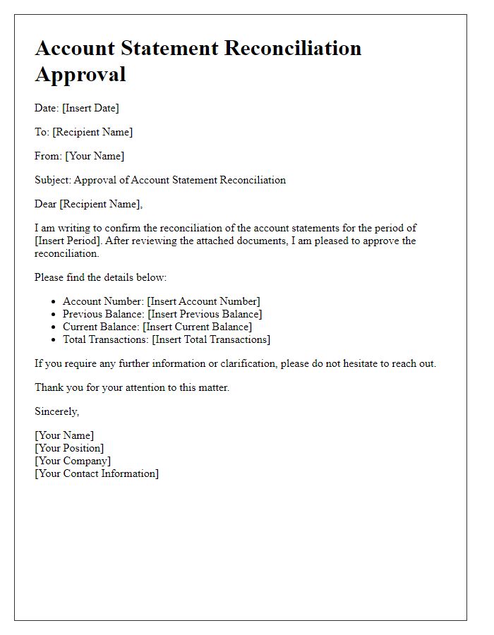 Letter template of account statement reconciliation approval.