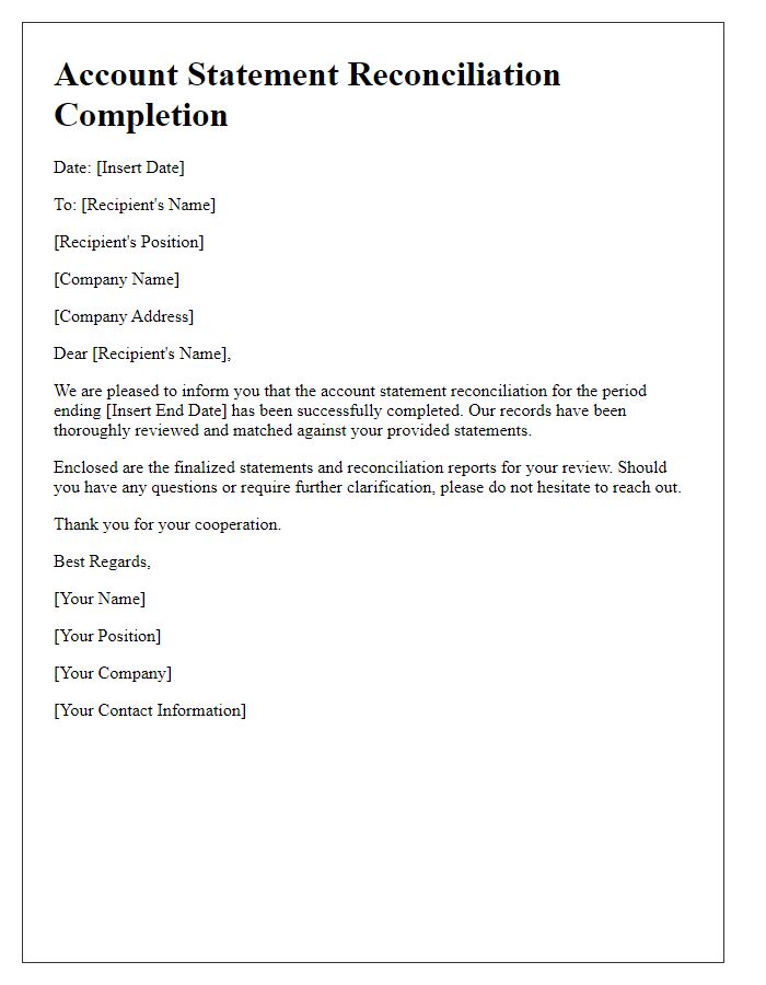 Letter template of account statement reconciliation completion.