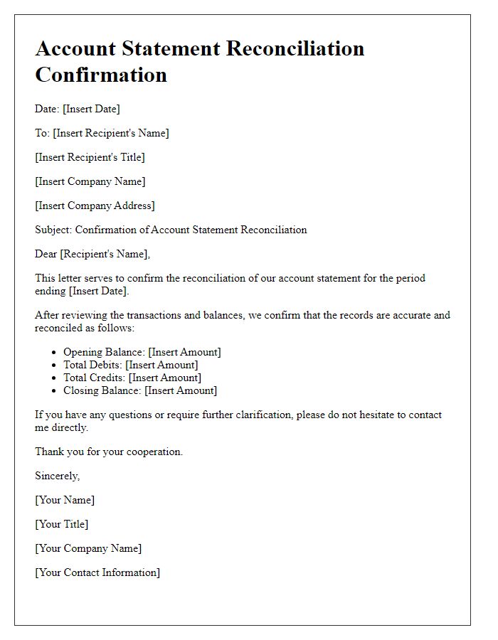 Letter template of account statement reconciliation confirmation.