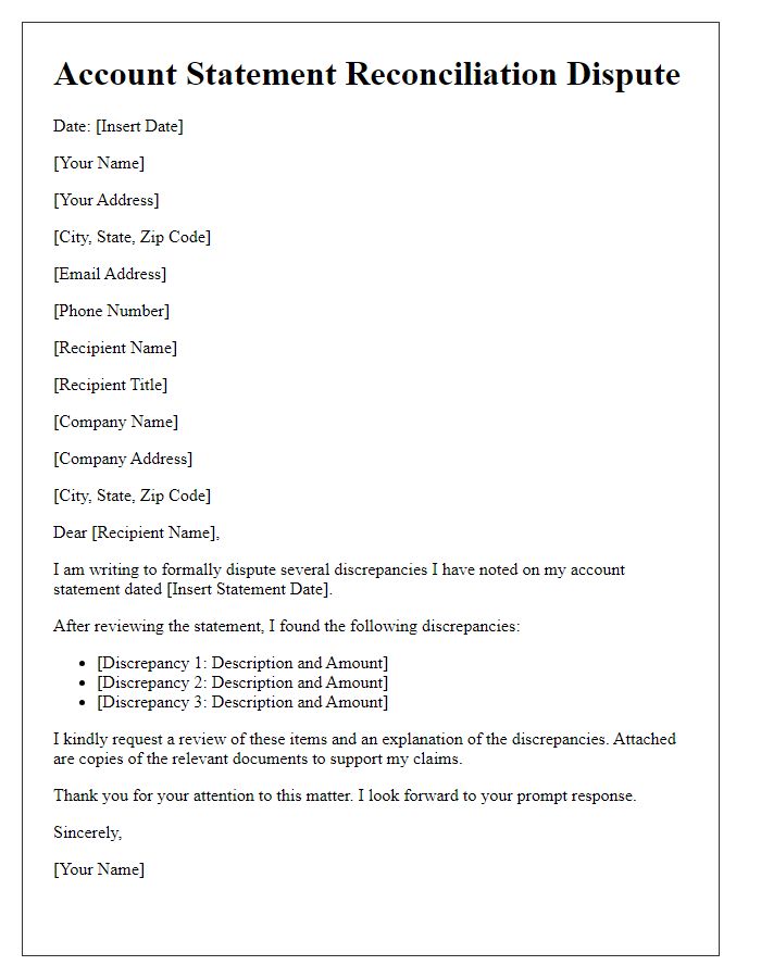 Letter template of account statement reconciliation dispute.