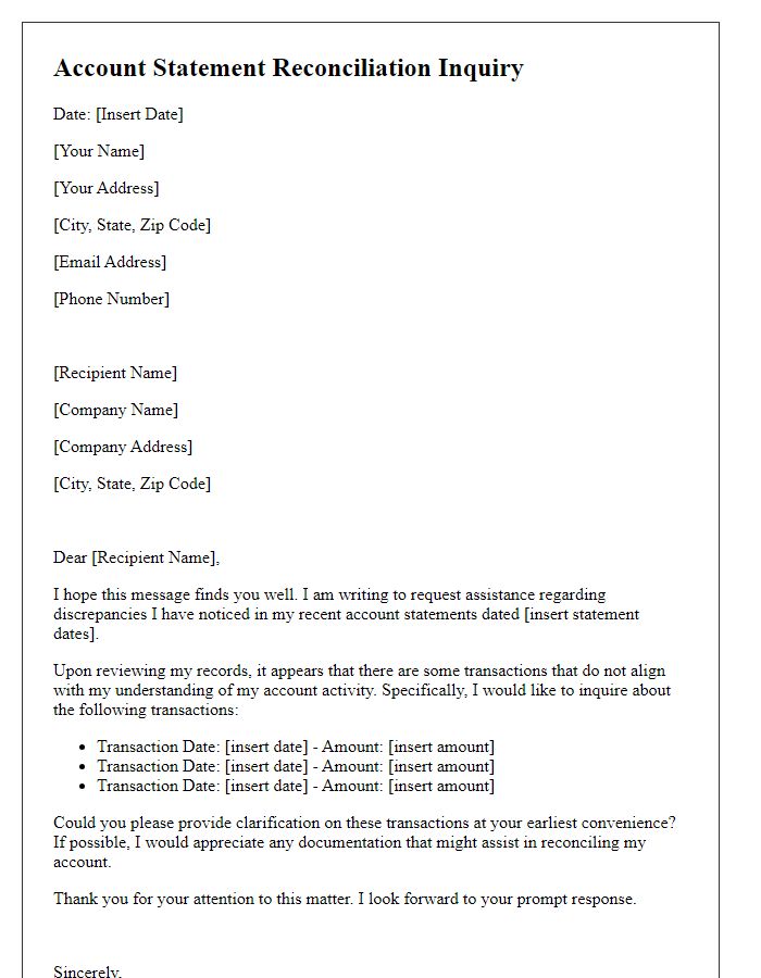 Letter template of account statement reconciliation inquiry.