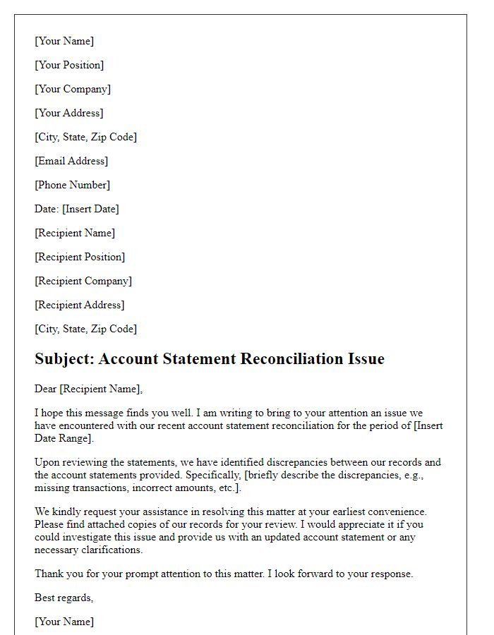 Letter template of account statement reconciliation issue.