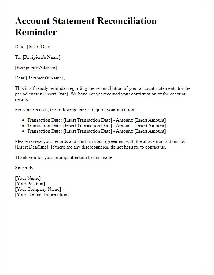 Letter template of account statement reconciliation reminder.