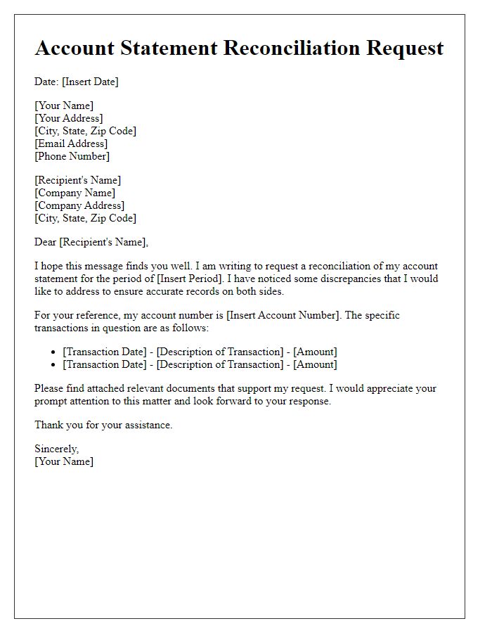 Letter template of account statement reconciliation request.