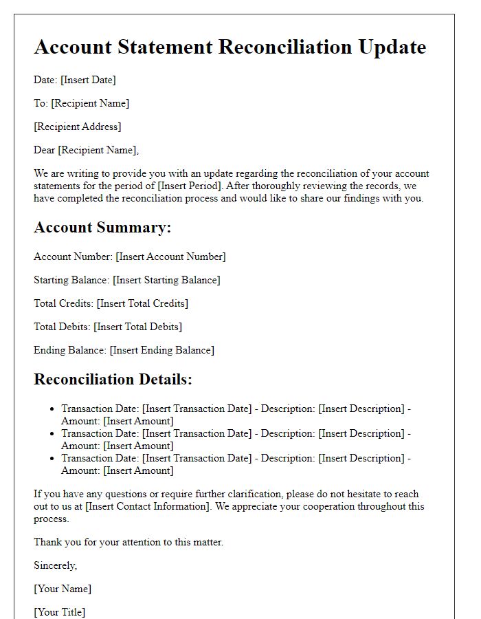 Letter template of account statement reconciliation update.