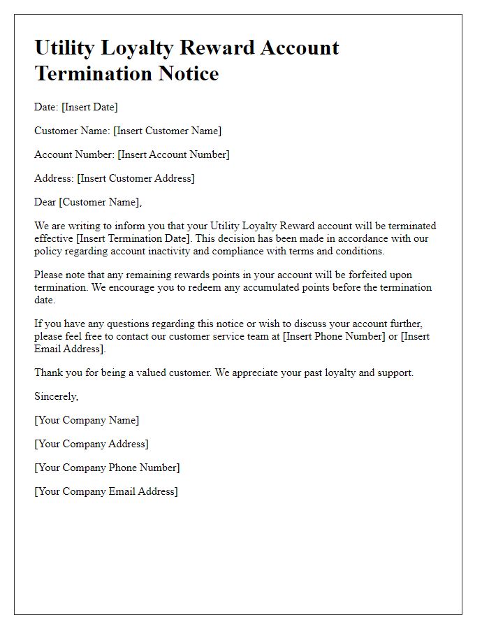 Letter template of utility loyalty reward account termination notice