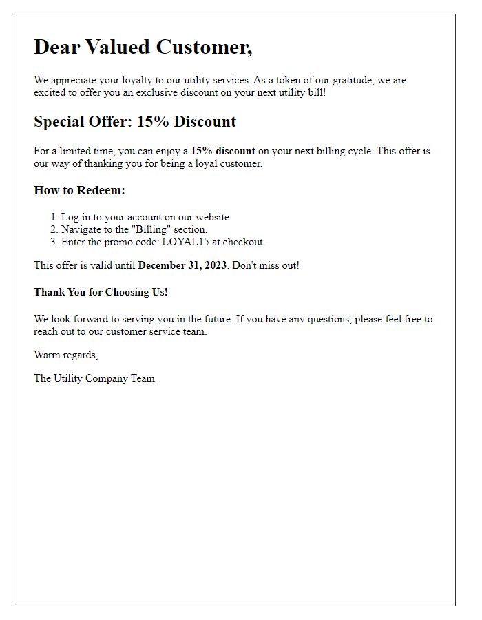 Letter template of utility loyalty reward discount offer