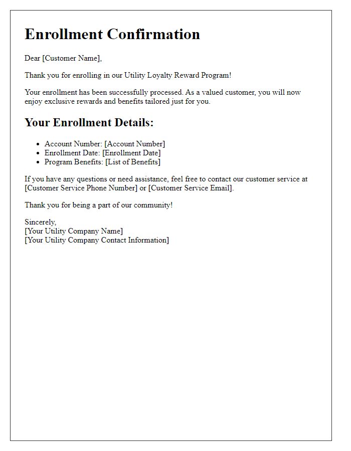 Letter template of utility loyalty reward enrollment confirmation