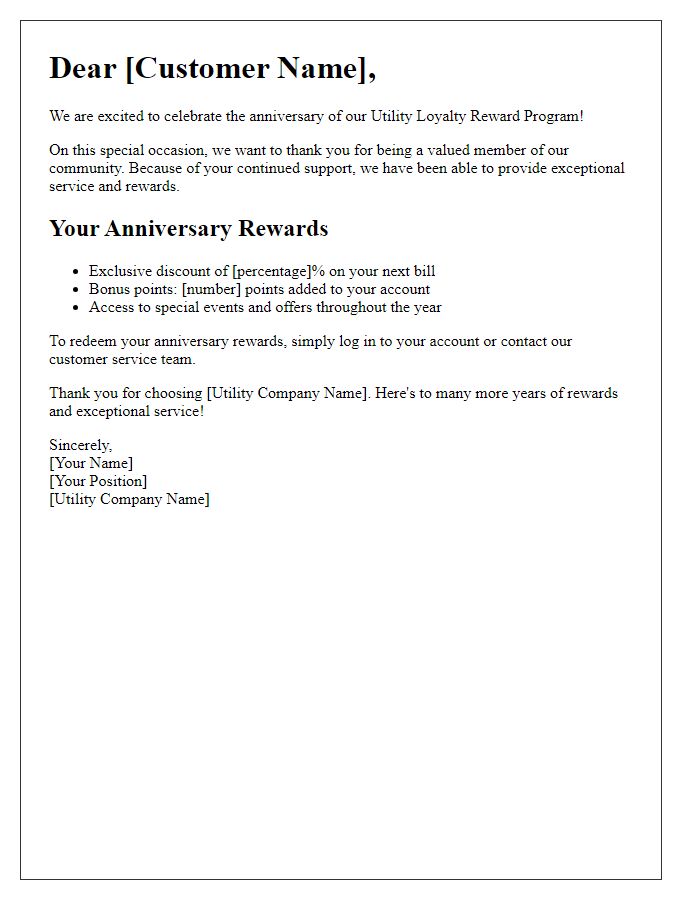 Letter template of utility loyalty reward program anniversary notification