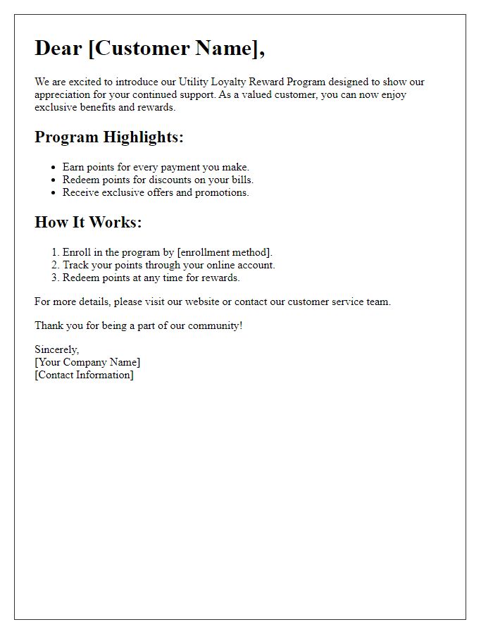 Letter template of utility loyalty reward program details