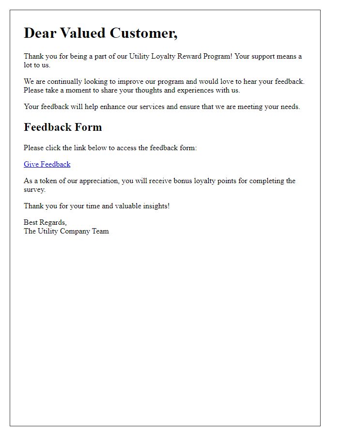 Letter template of utility loyalty reward program feedback request