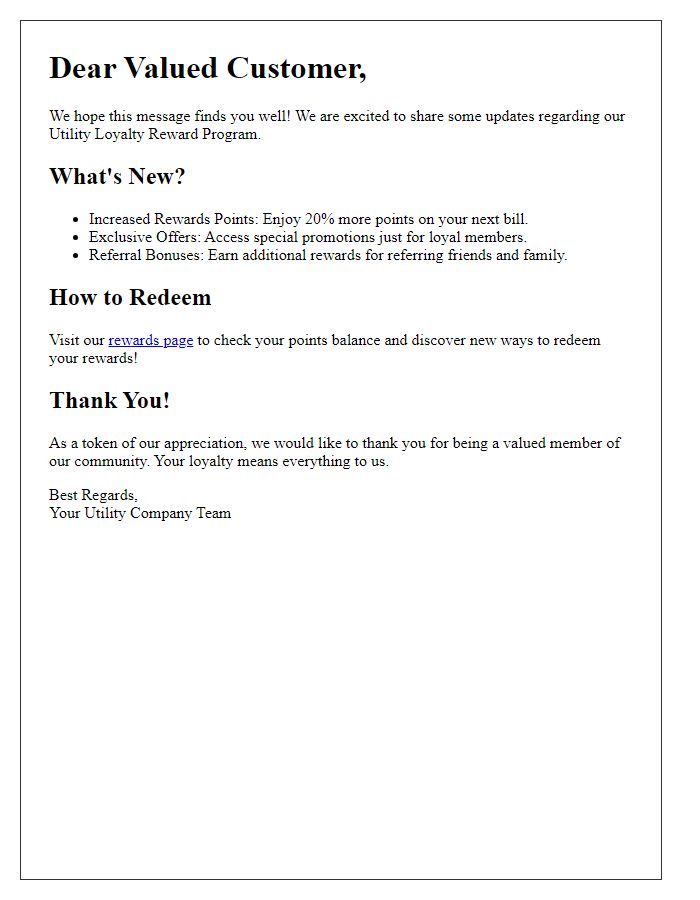 Letter template of utility loyalty reward program updates