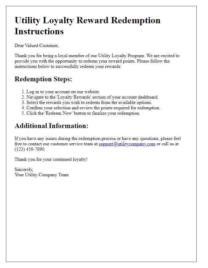 Letter template of utility loyalty reward redemption instructions