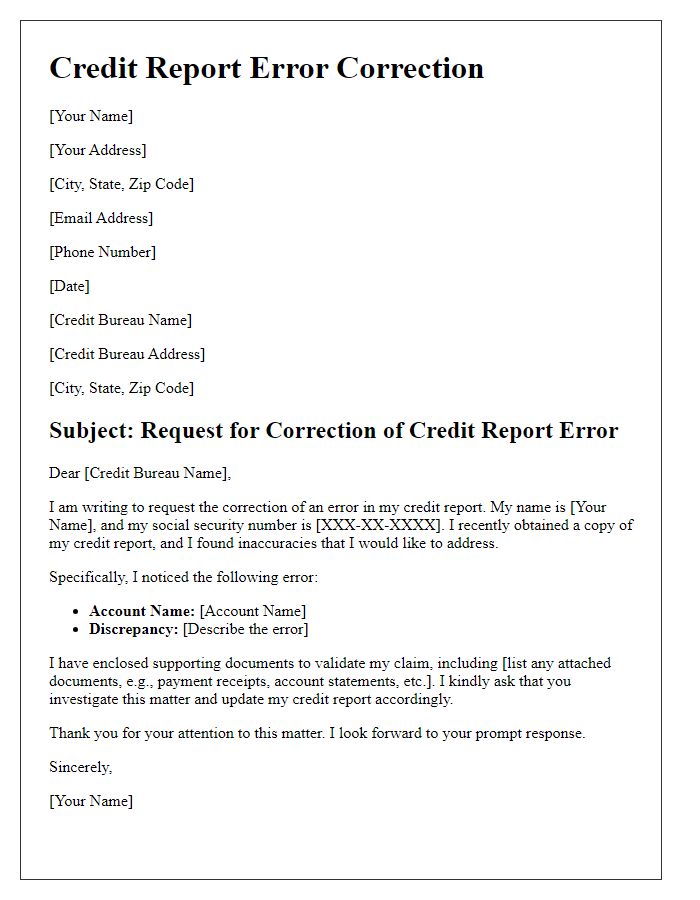 Letter template of credit report error correction