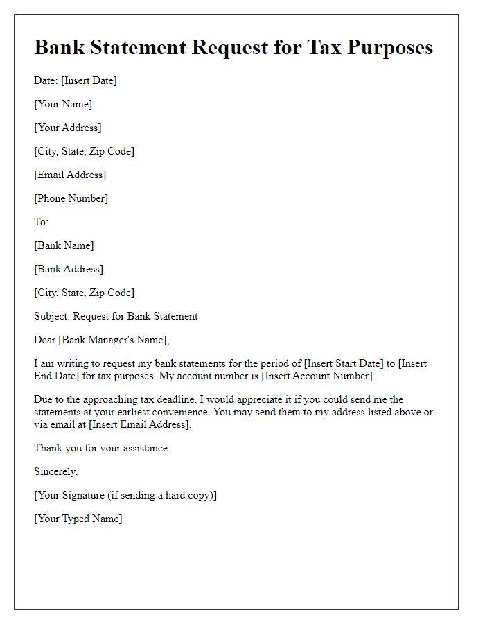 Letter template of bank statement request for tax purposes.