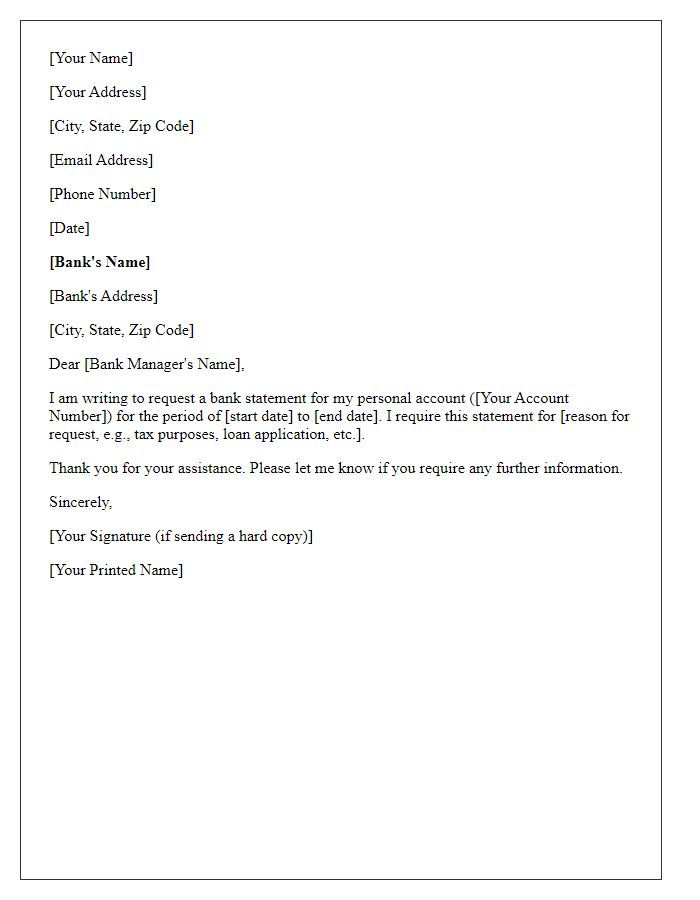 Letter template of request for bank statement for personal account.