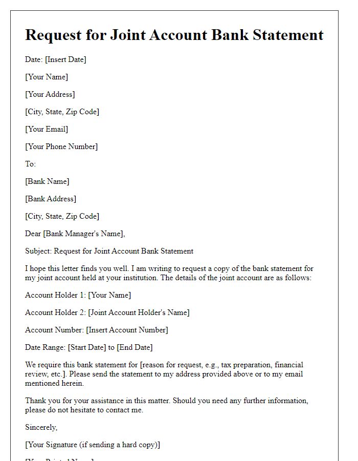 Letter template of request for joint account bank statement.