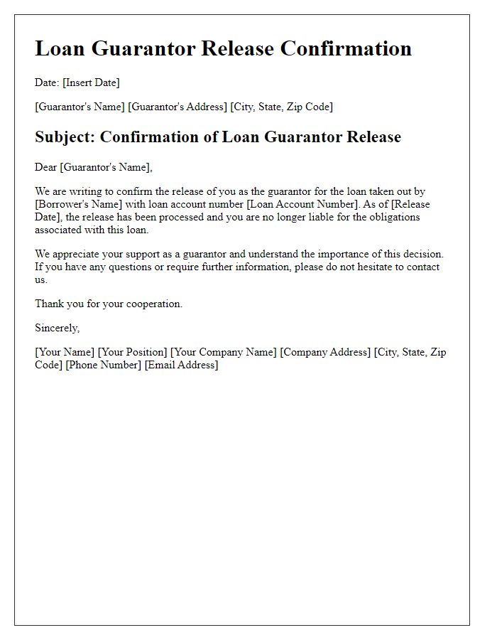 Letter template of confirmation for loan guarantor release