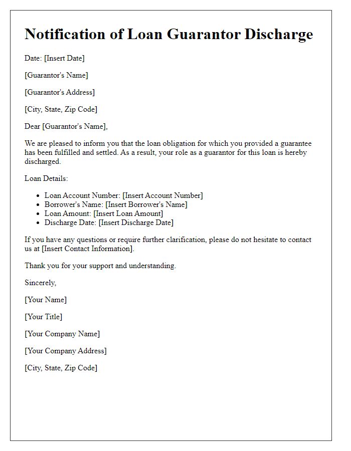 Letter template of notification for loan guarantor discharge