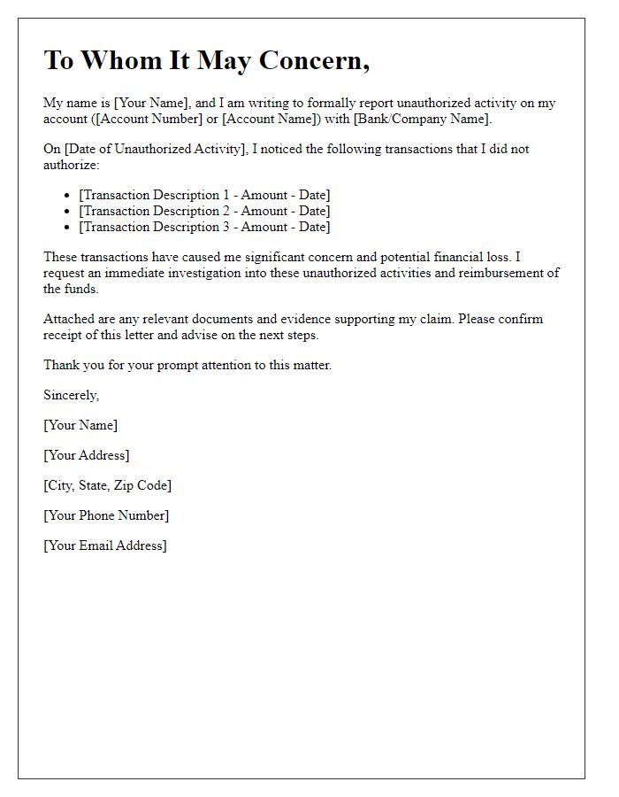 Letter template of claim for unauthorized account activity
