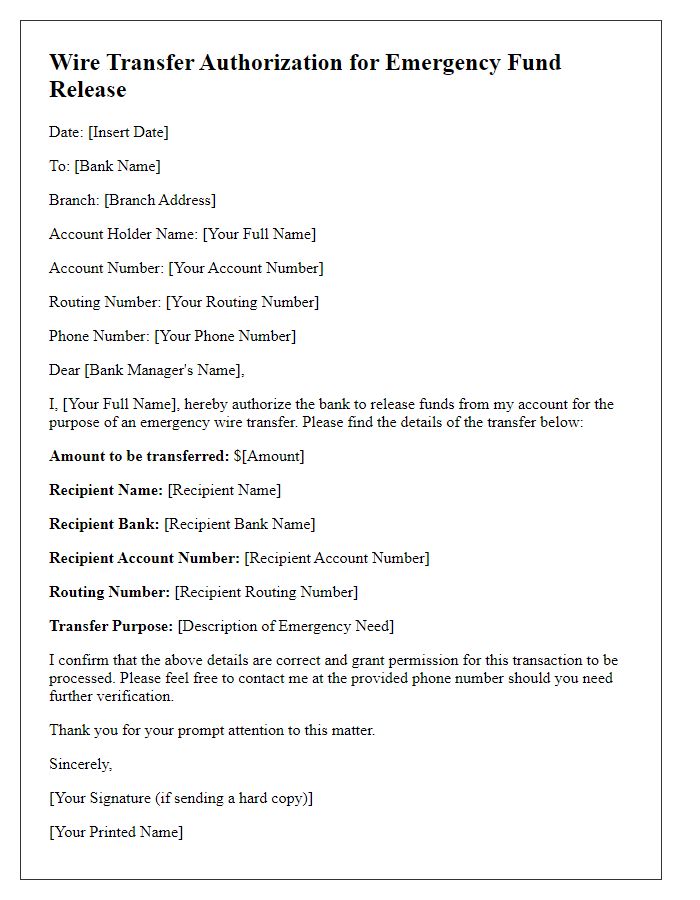 Letter template of wire transfer authorization for emergency fund release