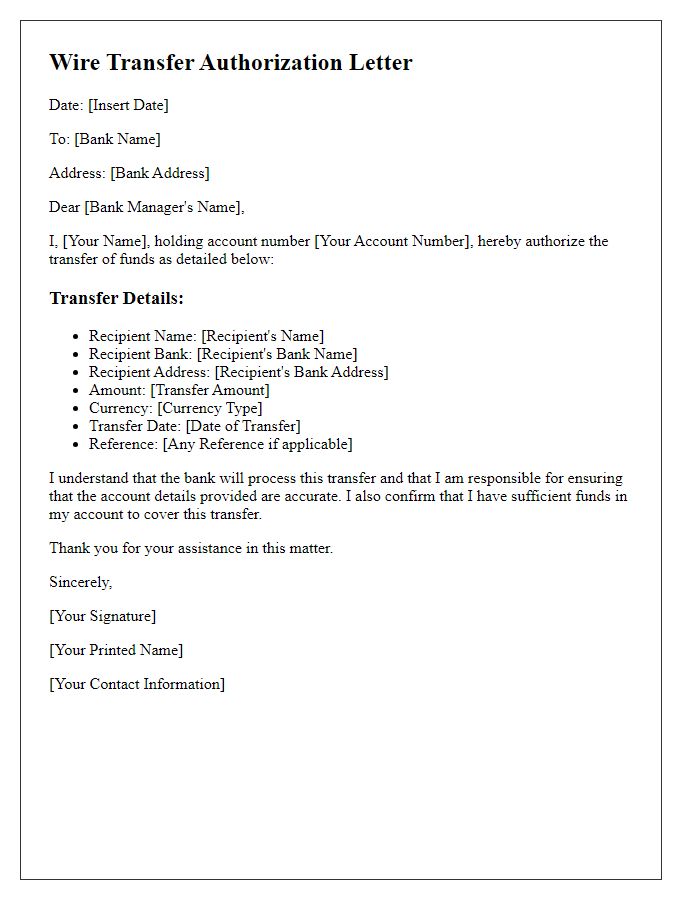 Letter template of wire transfer authorization for international transfers