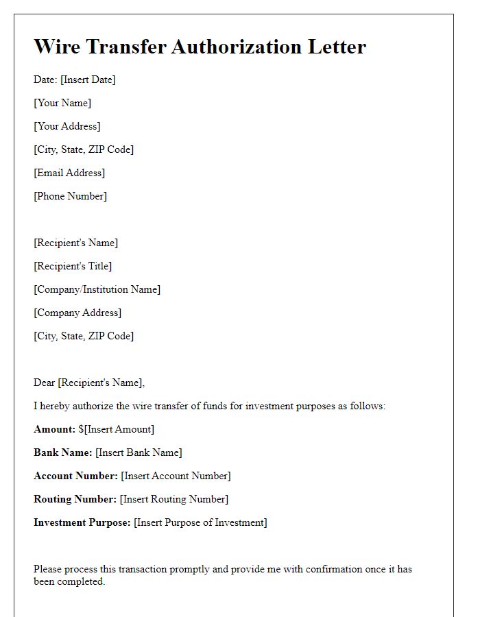 Letter template of wire transfer authorization for investment purposes