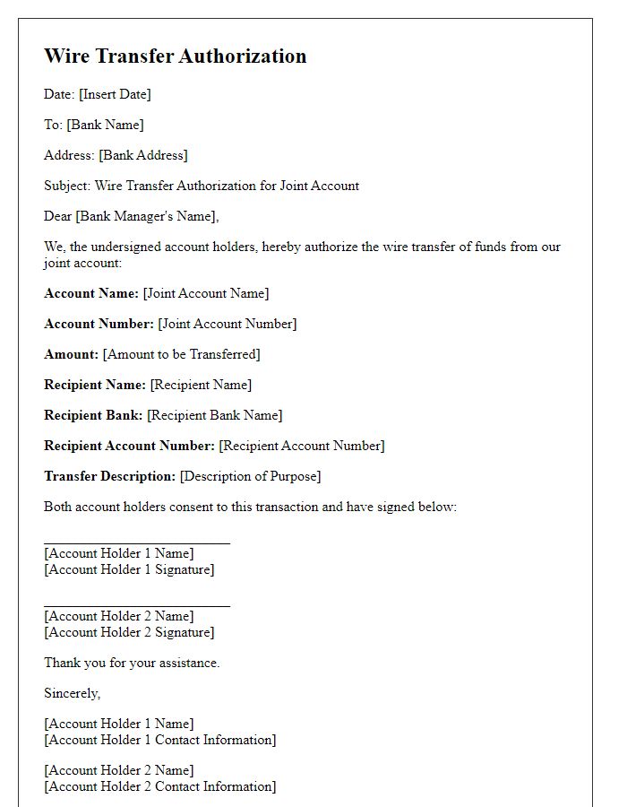 Letter template of wire transfer authorization for joint account holders