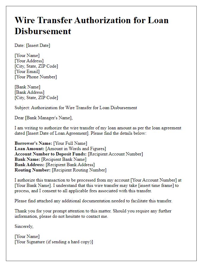 Letter template of wire transfer authorization for loan disbursement