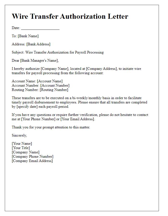 Letter template of wire transfer authorization for payroll processing