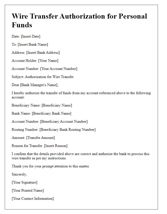 Letter template of wire transfer authorization for personal funds