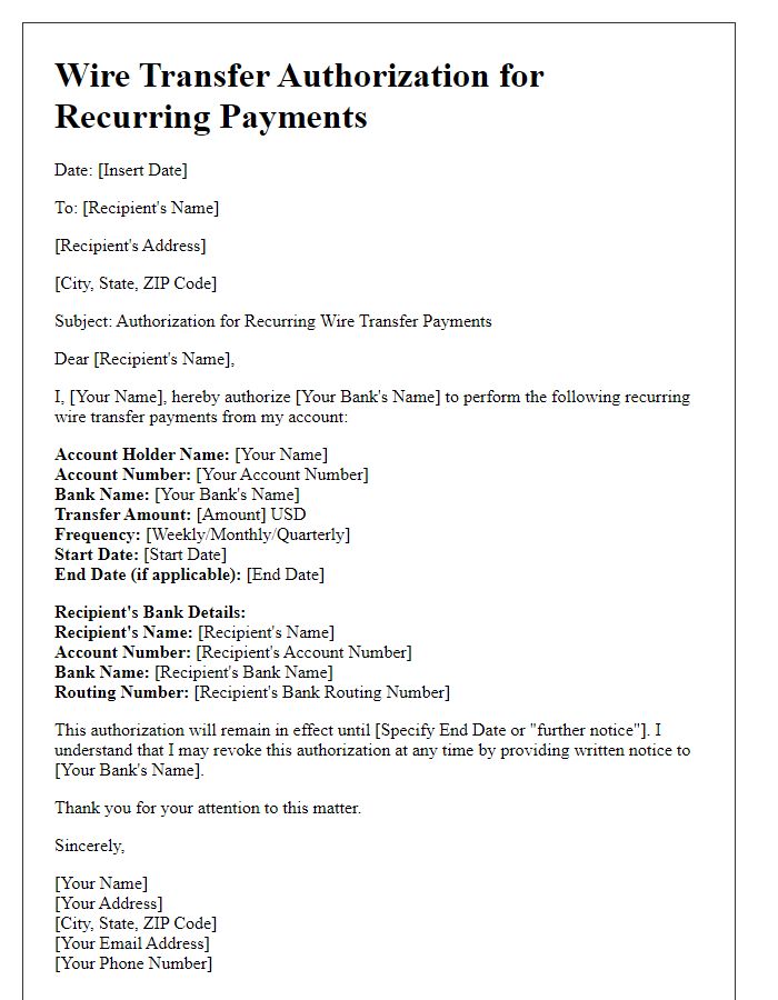 Letter template of wire transfer authorization for recurring payments