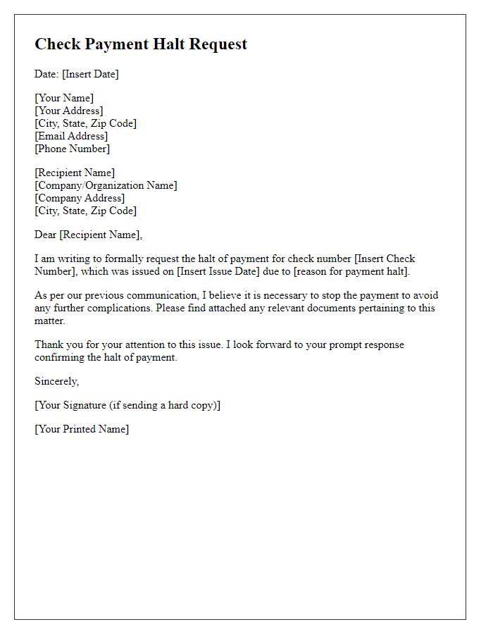 Letter template of check payment halt request