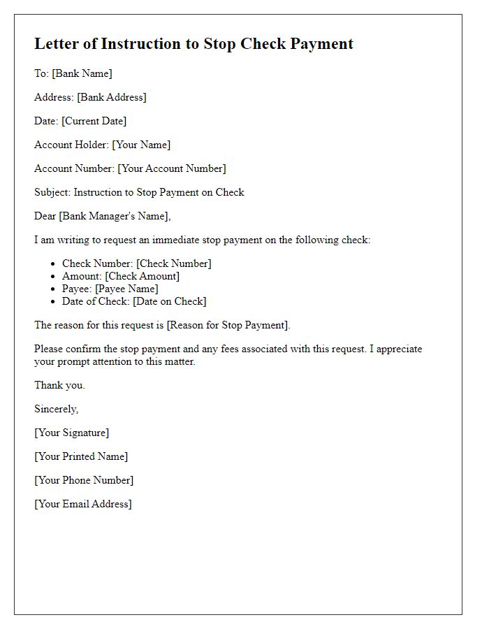 Letter template of instruction to stop check payment