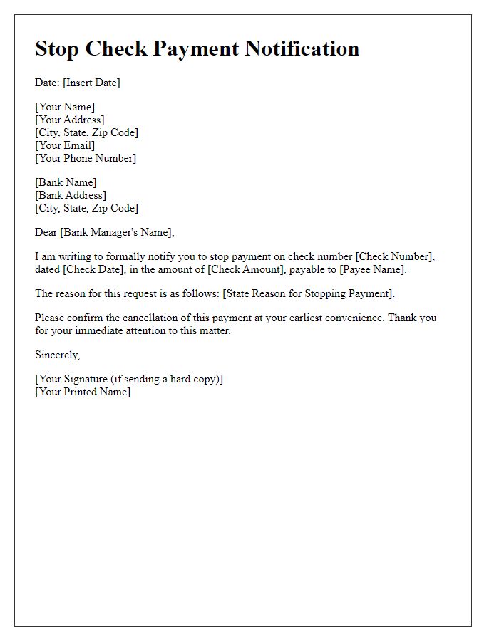 Letter template of stop check payment notification