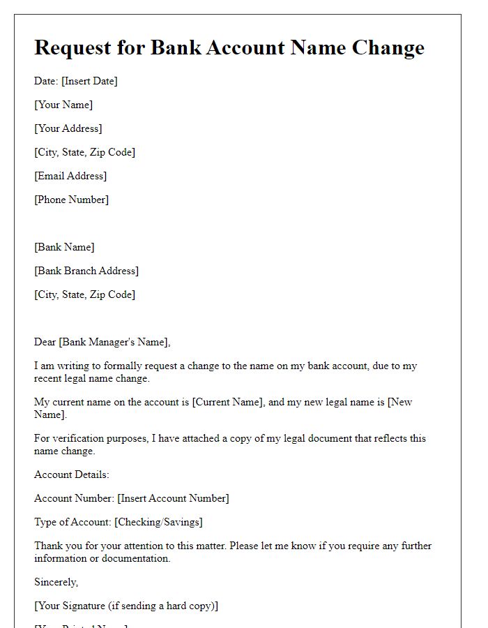 Letter template of bank account name change for legal name change.