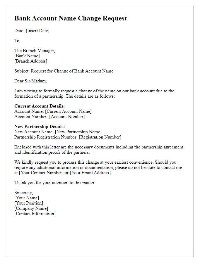 Letter template of bank account name change for partnership formation.