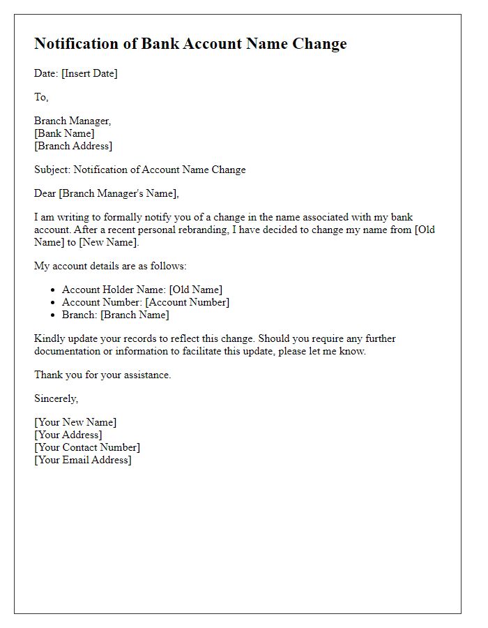 Letter template of notification for bank account name change after personal rebranding.