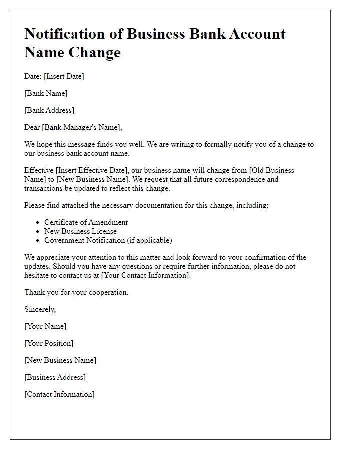 Letter template of notification for business bank account name change.