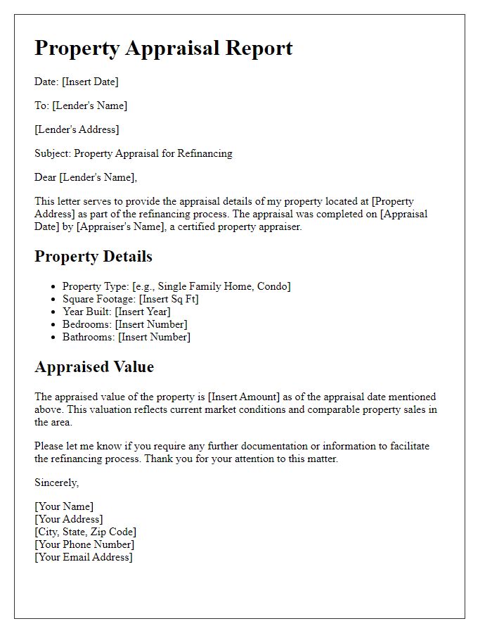 Letter template of property appraisal for refinancing